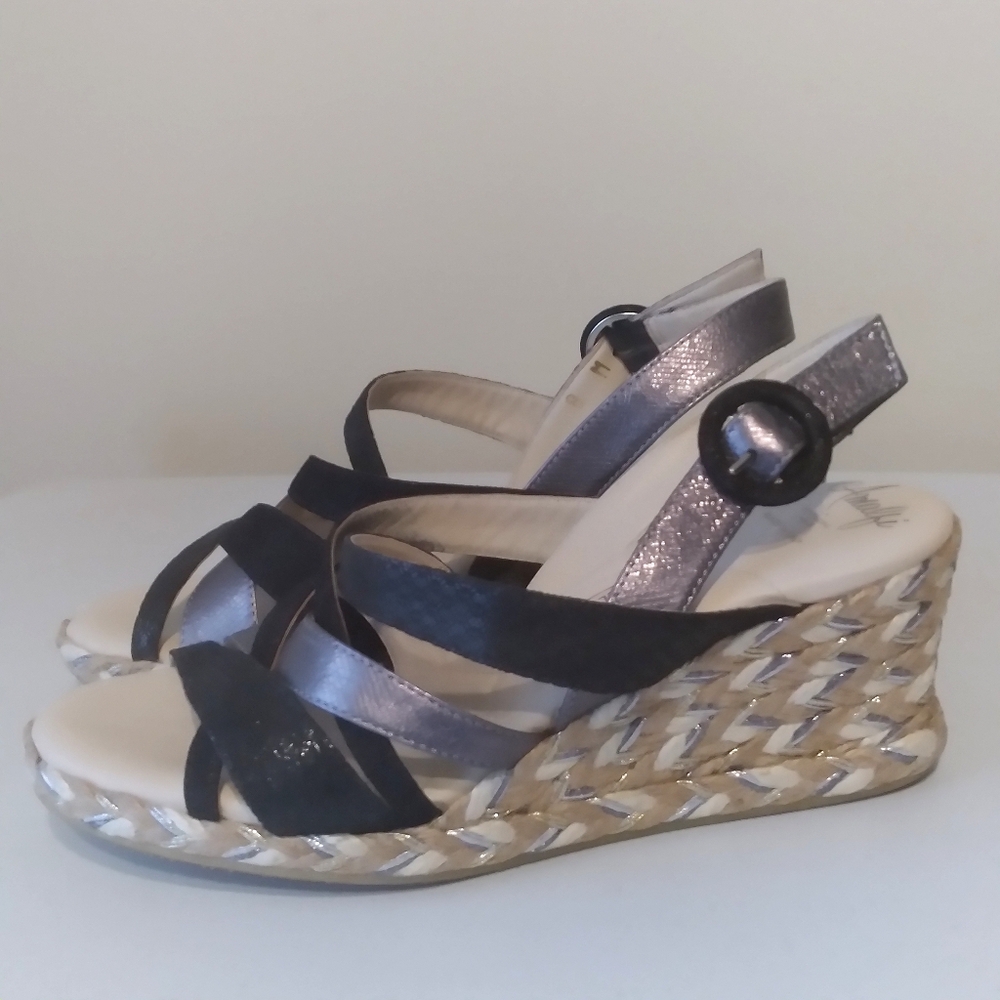 Amalfi Rangoni Firenze Black Silver Wedge Sandals Made In Italy Festival Evening